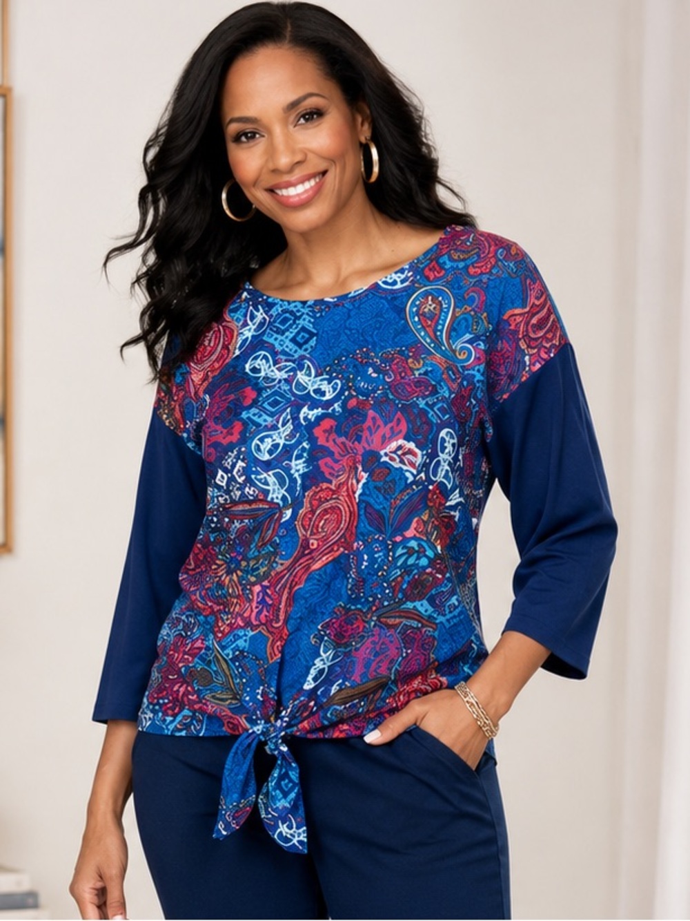 Ruby Rd. Blue Paisley Tie Front Top - Size XL